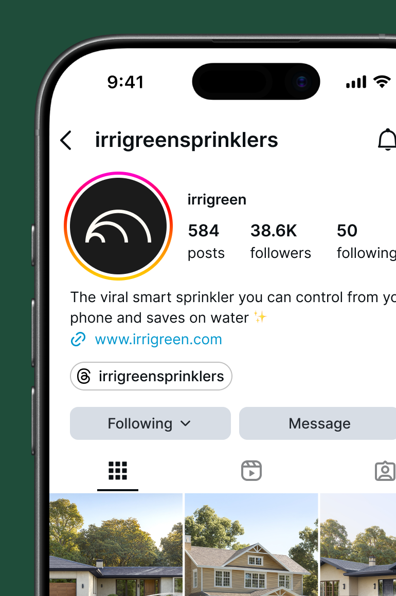 Instagram profile for Irrigreen smart sprinklers showing the @irrigreensprinklers account, follower count, website link, and home photos