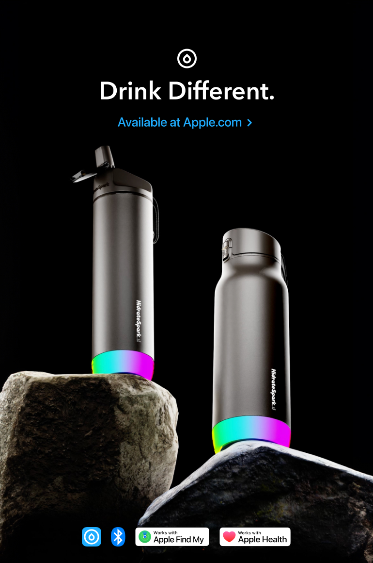 Two HidrateSpark smart water bottles with glowing colored bases on rocks, advertised as compatible with Apple Find My and Apple Health.