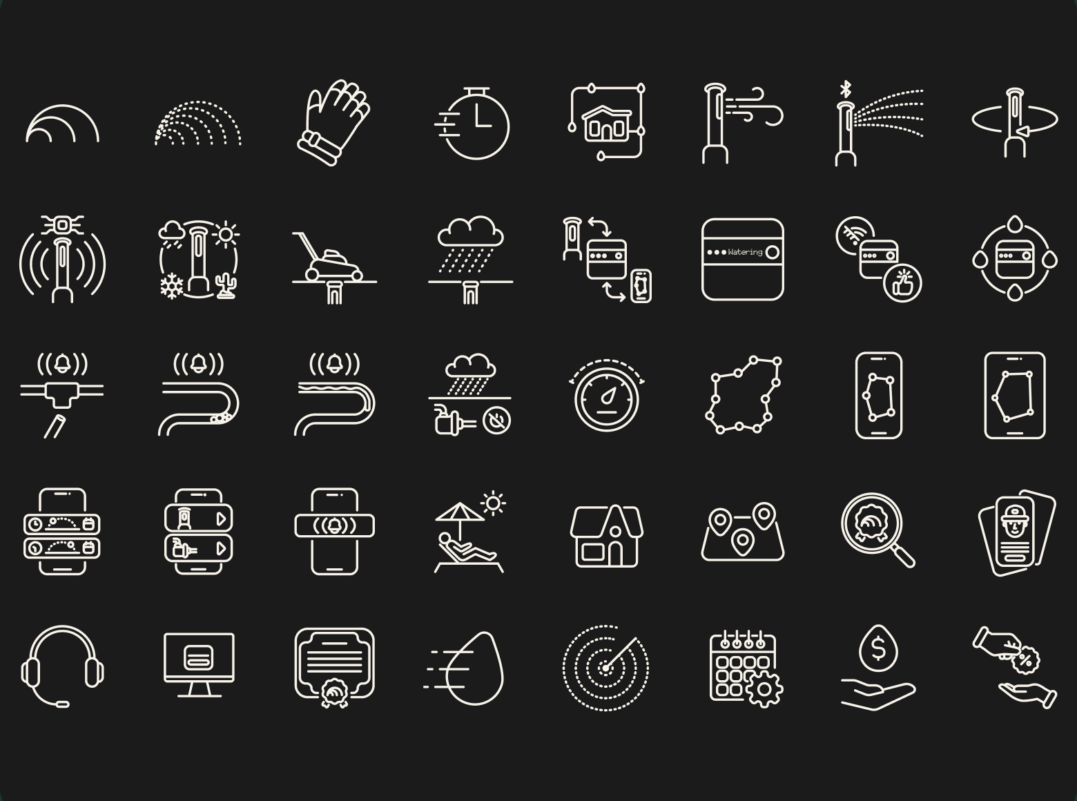 Collection of white line icons illustrating weather monitoring, irrigation, agriculture, mapping, mobile technology, finance, and outdoor services