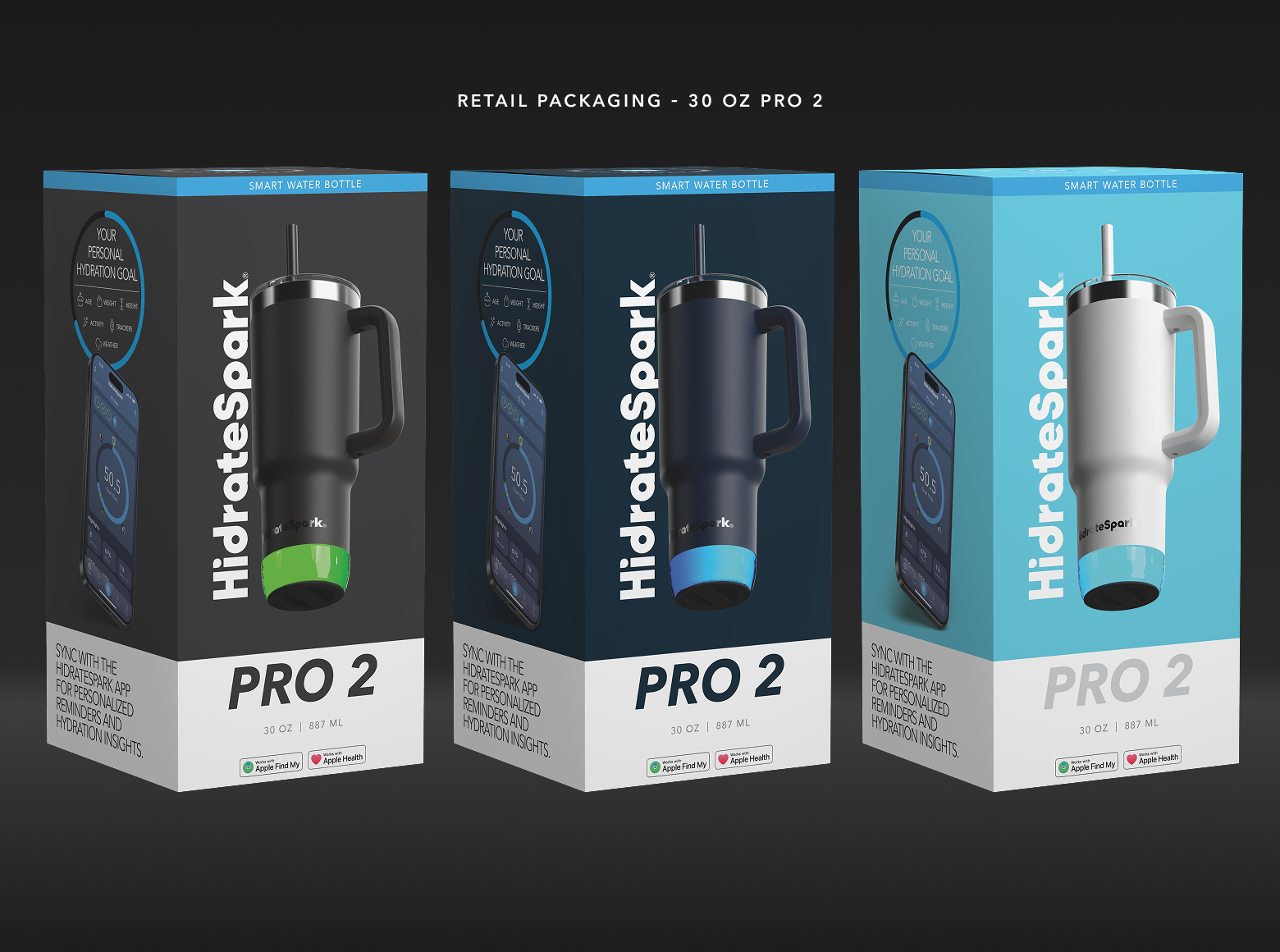 Three HydrateSpark Pro 2 smart water bottle retail packages in black, navy, and white, featuring hydration tracking and smartphone app connectivity.