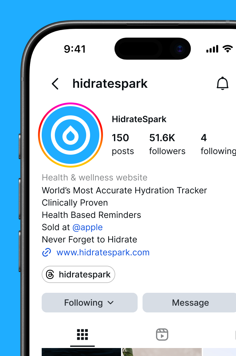 HidrateSpark Instagram profile displayed on a smartphone, promoting a clinically proven hydration tracker and hydration reminders.