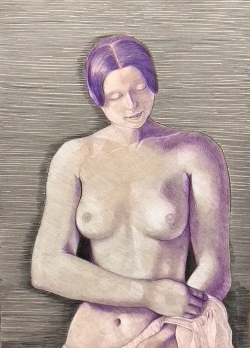 Drawing of a topless woman with short purple hair, sitting with her arms crossed and eyes closed.