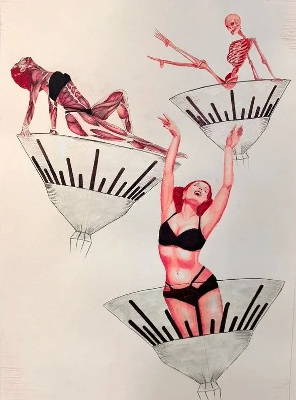 A woman in black lingerie stands with arms raised, surrounded by skeletons and muscular figures inside cocktail glasses, creating a surreal, artistic scene.