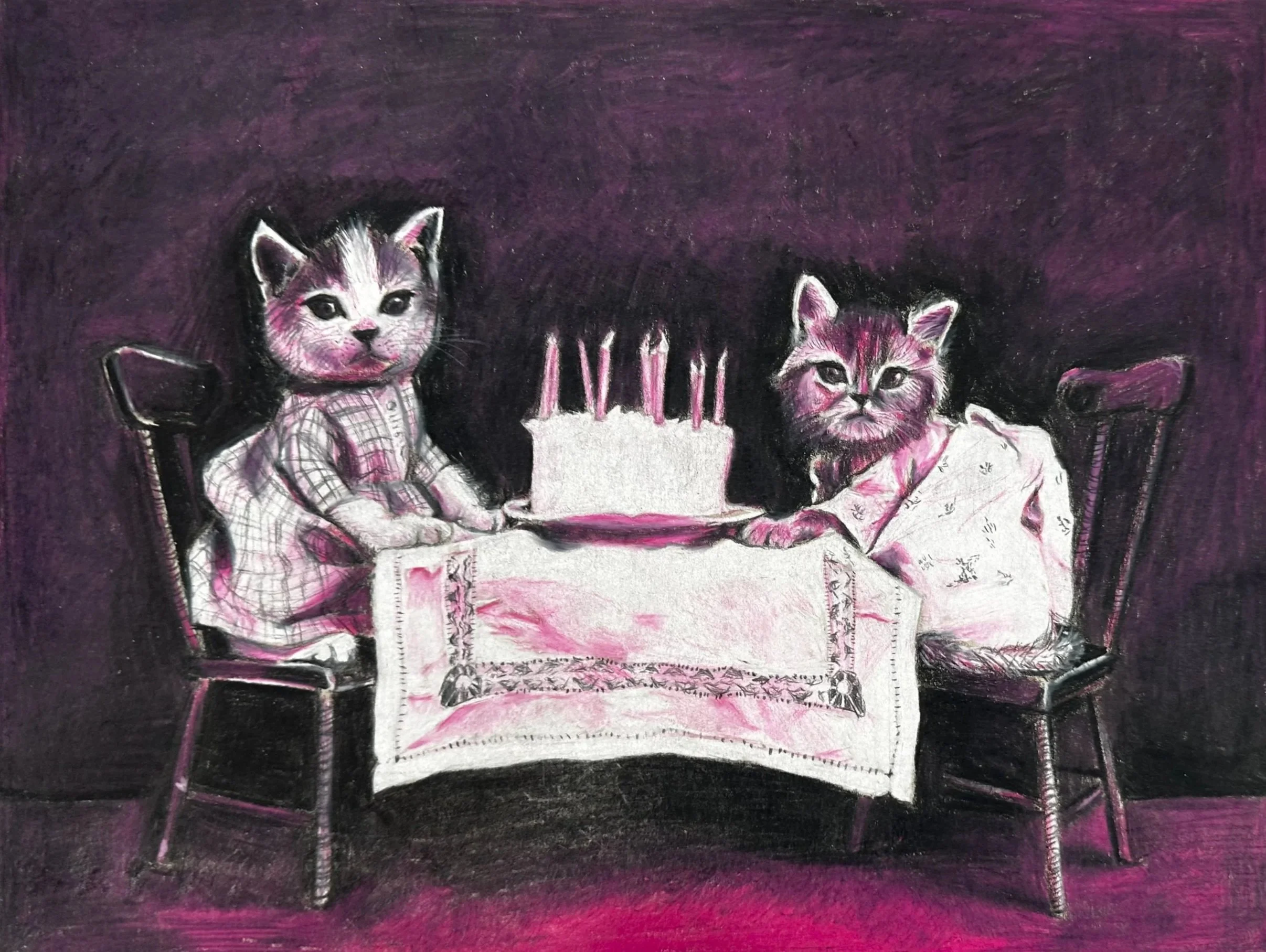 Painting of two cats sitting at a table with a birthday cake with four candles, against a dark purple background.