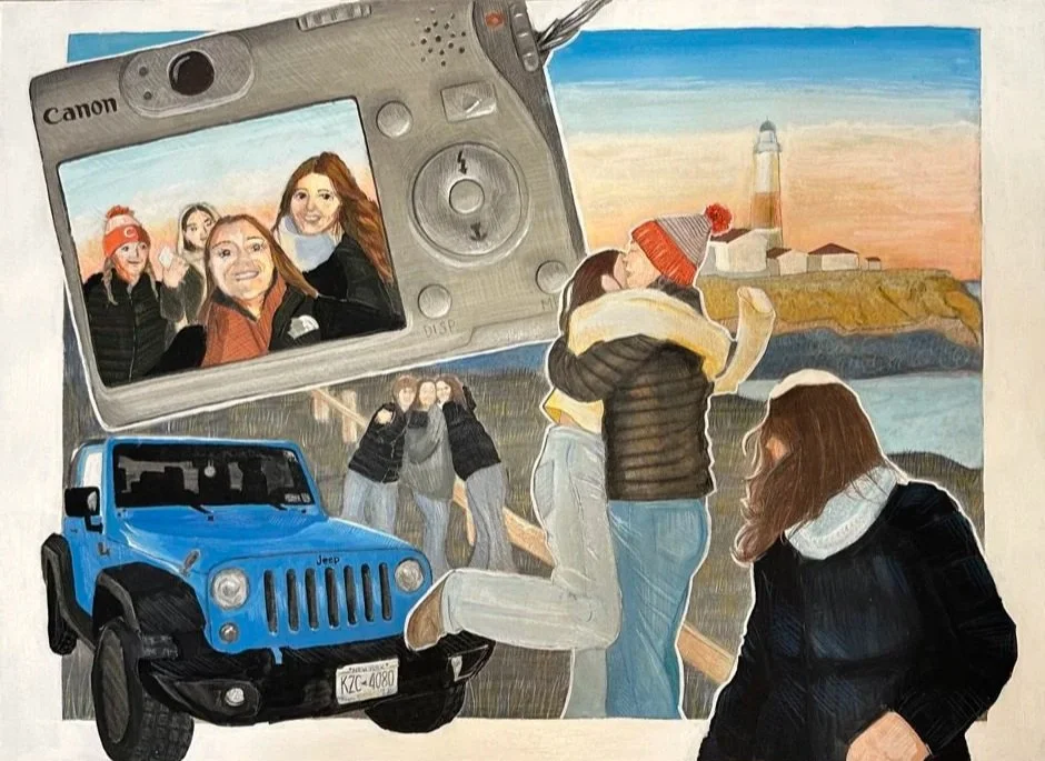 A detailed drawing featuring a camera on a hike overlooking a coastal landscape with a lighthouse, a blue Jeep, and groups of friends taking selfies and enjoying the scenery.