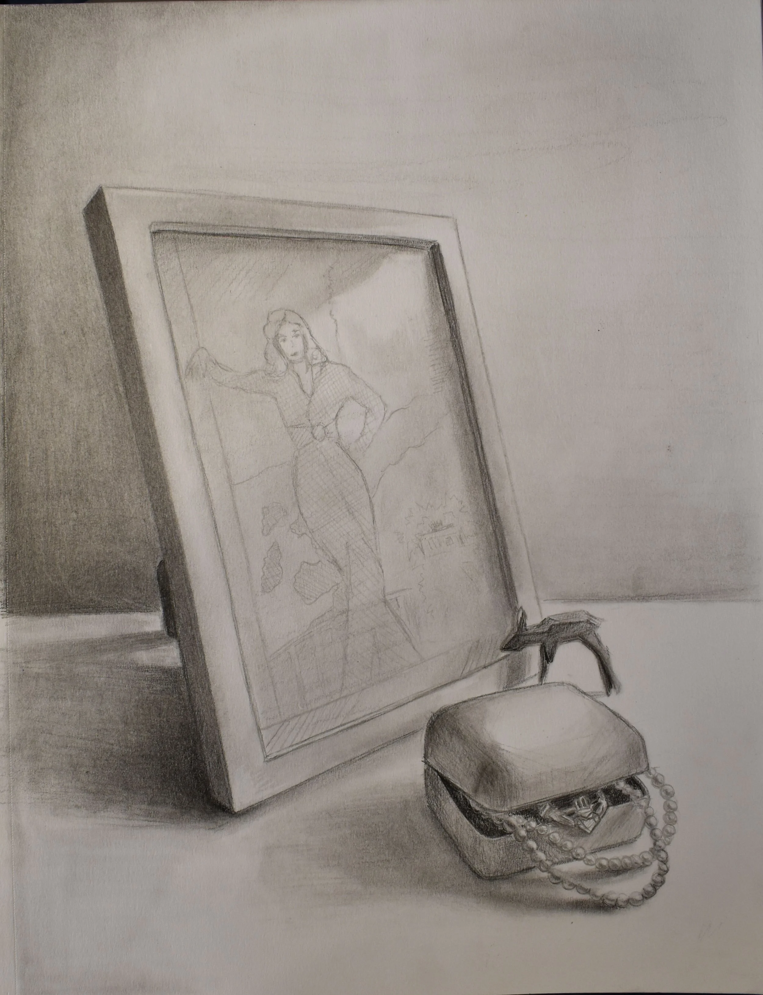 A pencil sketch of a framed portrait of a woman, a smartphone, a set of keys, a beaded necklace, and a small box on a table.