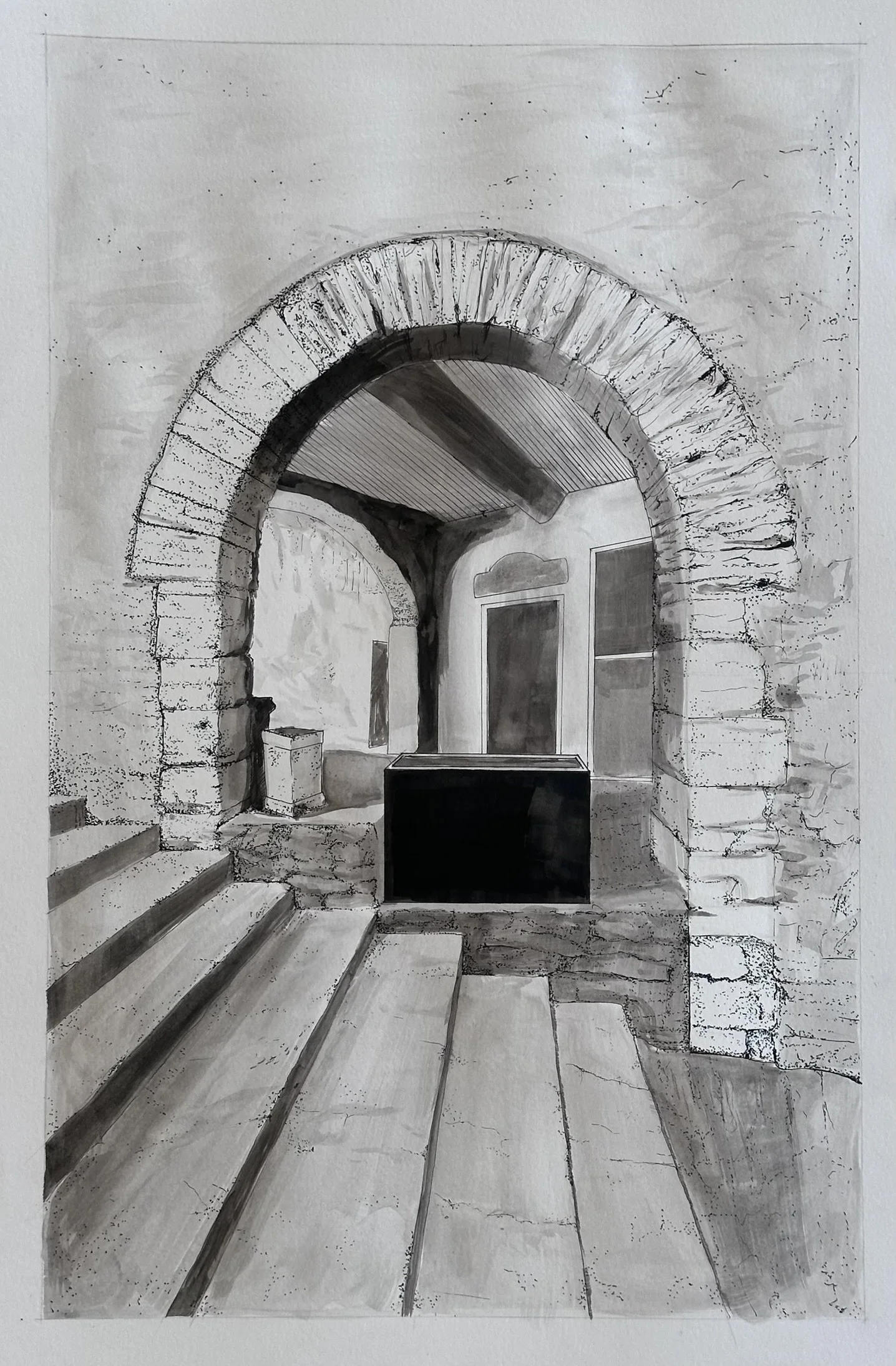 Black and white sketch of an arched stone tunnel with a set of stairs leading up to it. The tunnel has a wooden ceiling and a window or door inside.