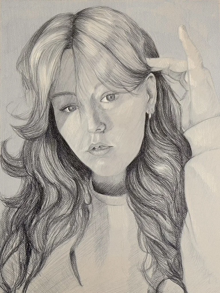 Pencil sketch of a young woman with wavy hair, wearing earrings, with finger pointing to her temple.