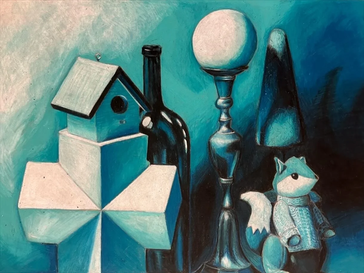 Still life painting featuring a geometric birdhouse, a dark glass bottle, a tall candlestick with a spherical object on top, and a stuffed animal toy dog dressed in a coat, all set against a teal background.