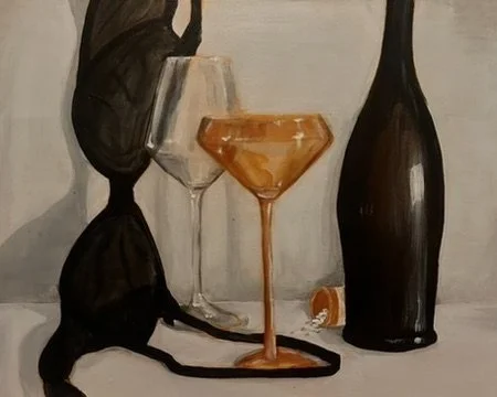 Painting of two glasses and a bottle, with a stick of caramel and a small jar on a neutral background.