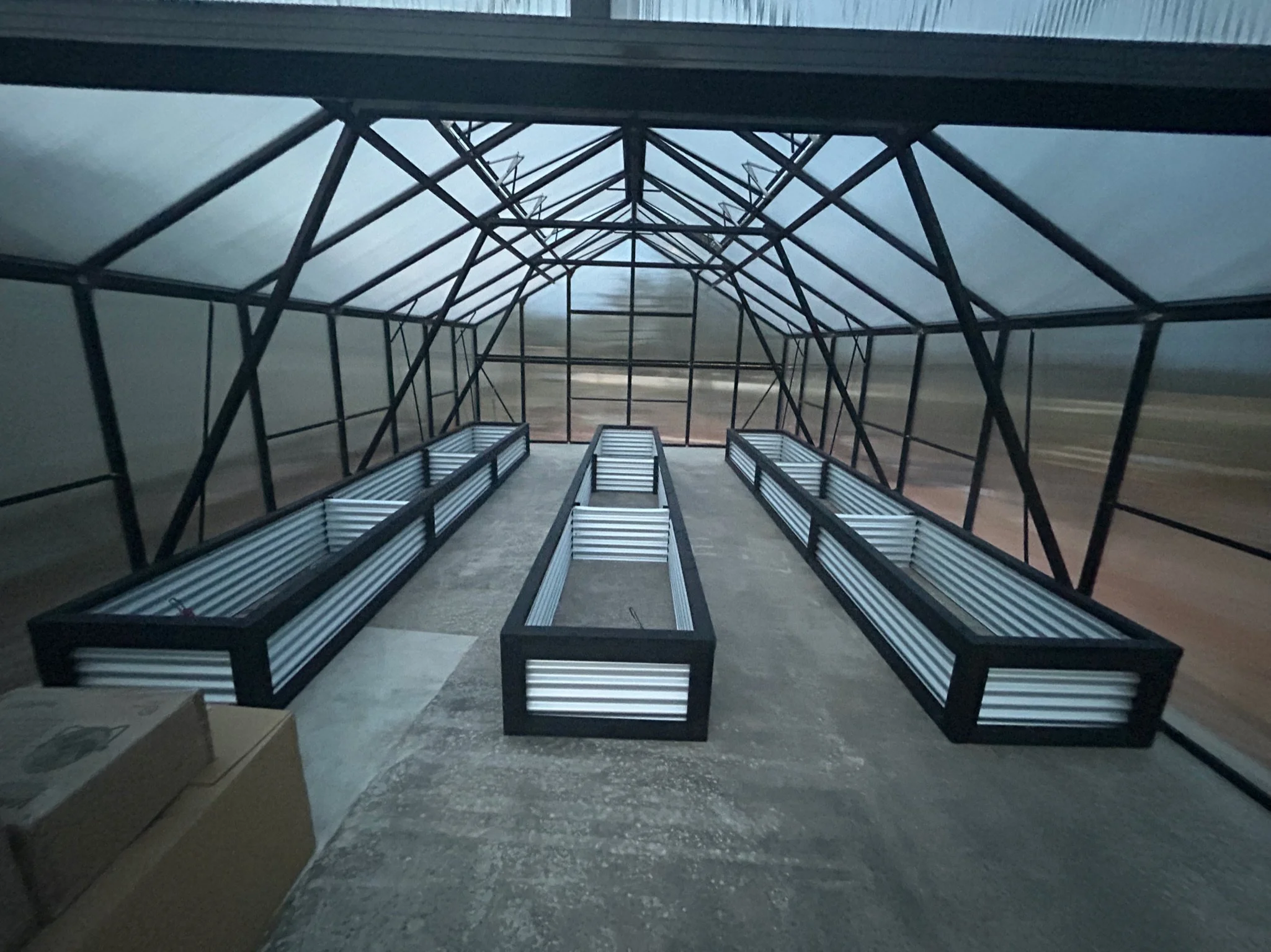 View looking up at the steel framework of a greenhouse or similar structure, with benches along the sides and a cloudy sky visible through the roof.