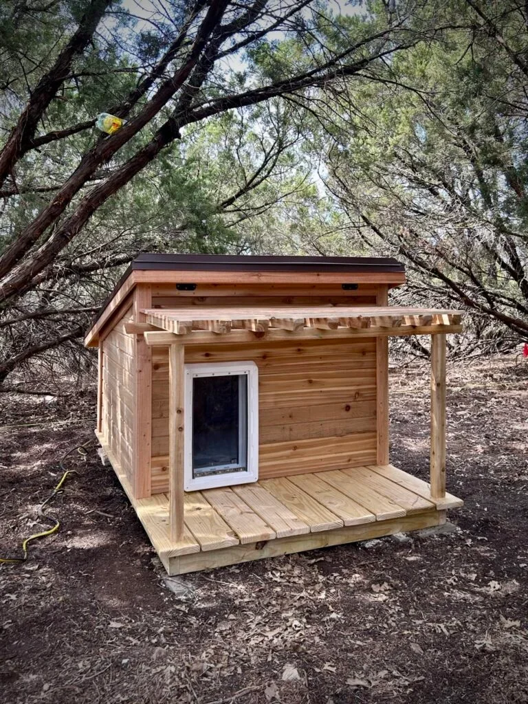 A small wooden dog house with a sloped roof, a small door with a screen, and a covered porch in a wooded area.