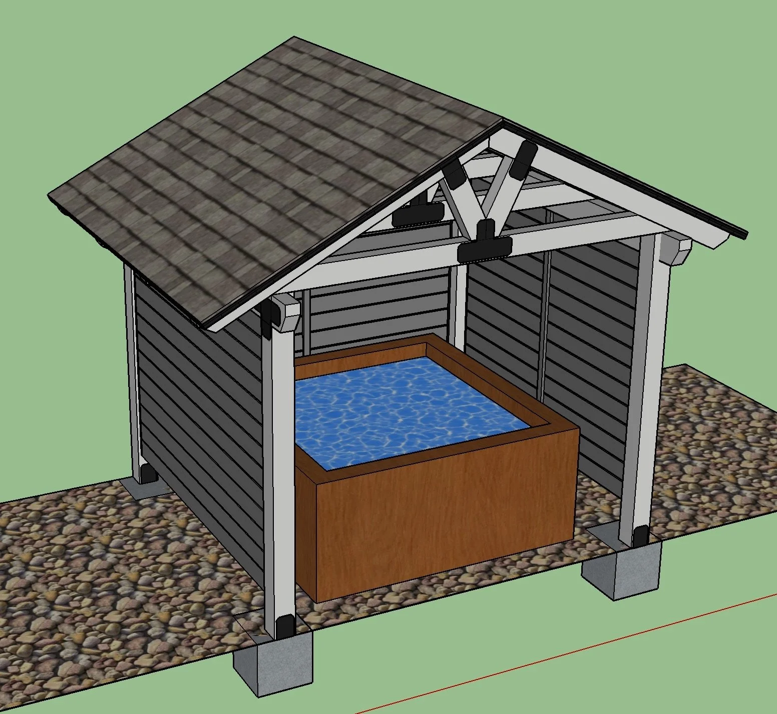 A digital design of a small outdoor structure with a shingled sloped roof, wooden frame, and a small pond or water feature inside.