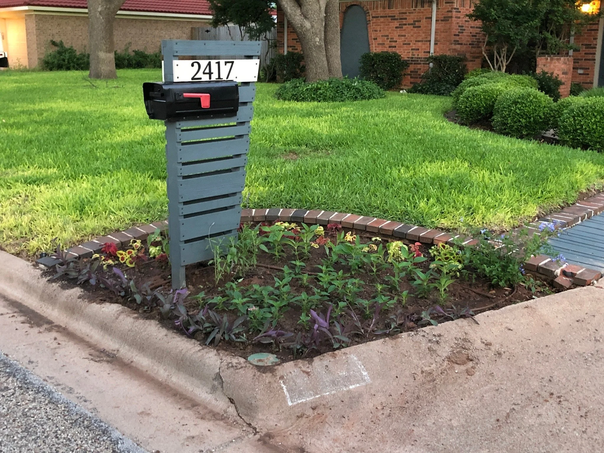 A mailbox with the house number 2417 in front of a residential house with a brick exterior and green bushes, surrounded by a garden bed with flowers and a sidewalk.