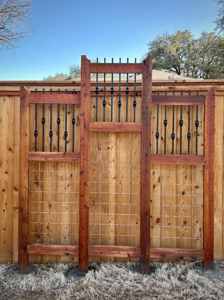 Wooden and wire trellis framework installed in front of a wooden fence, with a clear blue sky and trees in the background.