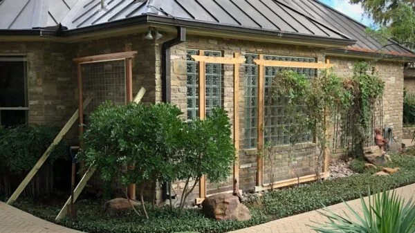 The image shows an exterior brick wall of a house with newly installed wooden framing and glass blocks for a window or door, surrounded by landscaped greenery and a paved walkway.