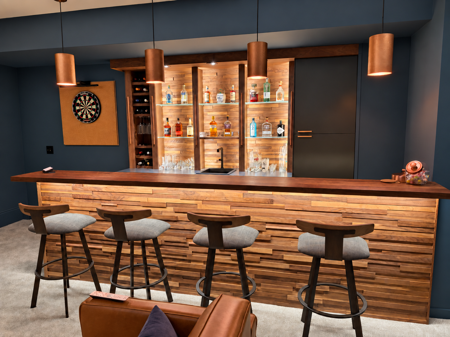 Walnut, Copper and Glass Bar