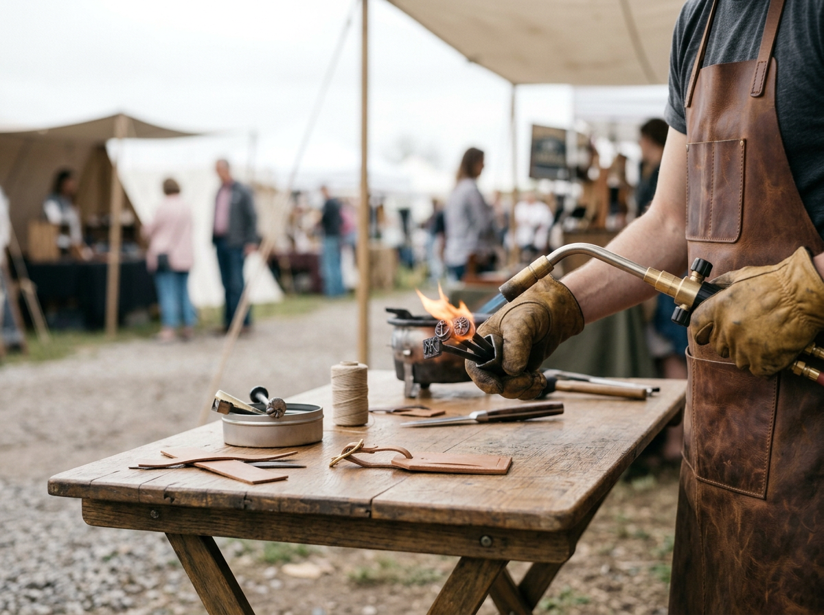 A person wearing a leather apron and gloves uses a blowtorch to manipulate leather at an outdoor market or fair. Tents and people are visible in the background.