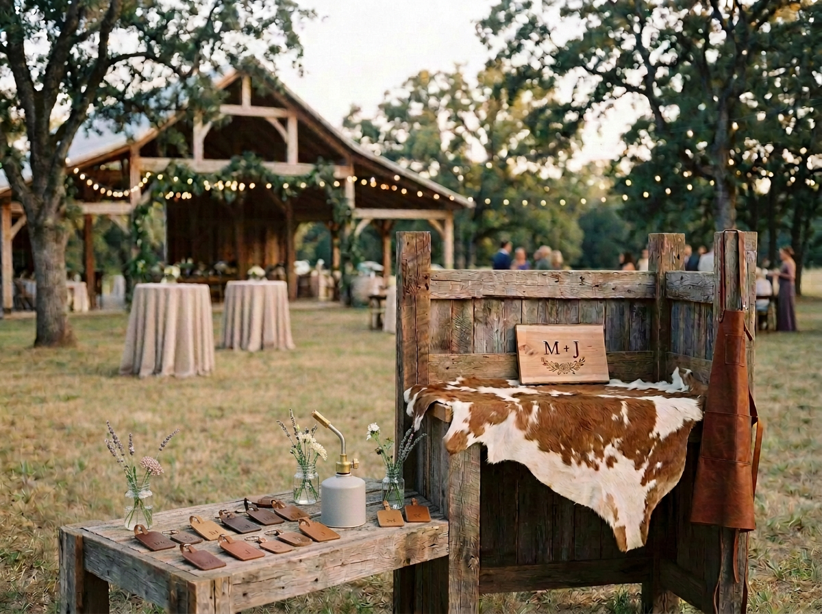 Rustic outdoor wedding reception setup with a wooden bench decorated with a cowhide and a wooden sign featuring initials M + J. Small vases with flowers and leather wallets are on a nearby table, with a barn, string lights, and guest tables in the background.