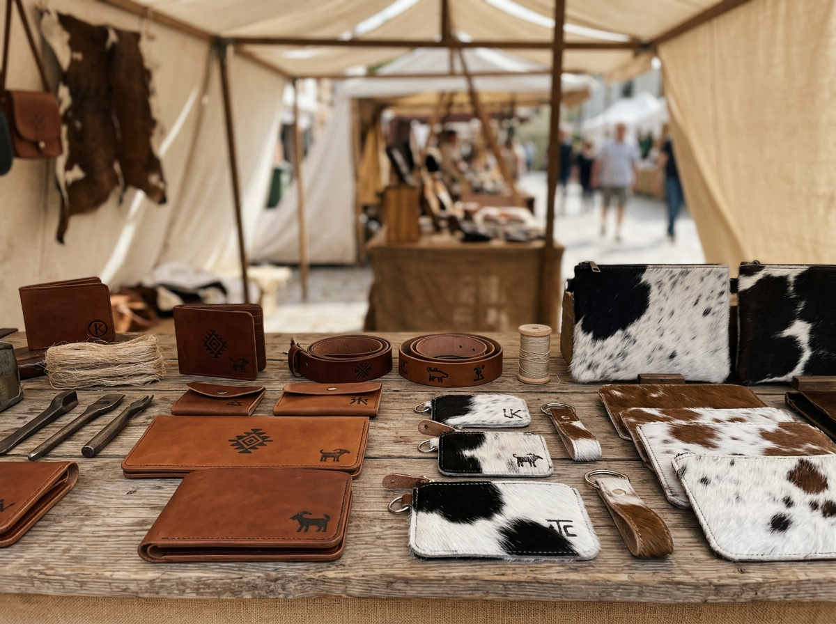 Leather wallets, belts, keychains, and cowhide-patterned accessories displayed on a wooden table at an outdoor market stall.