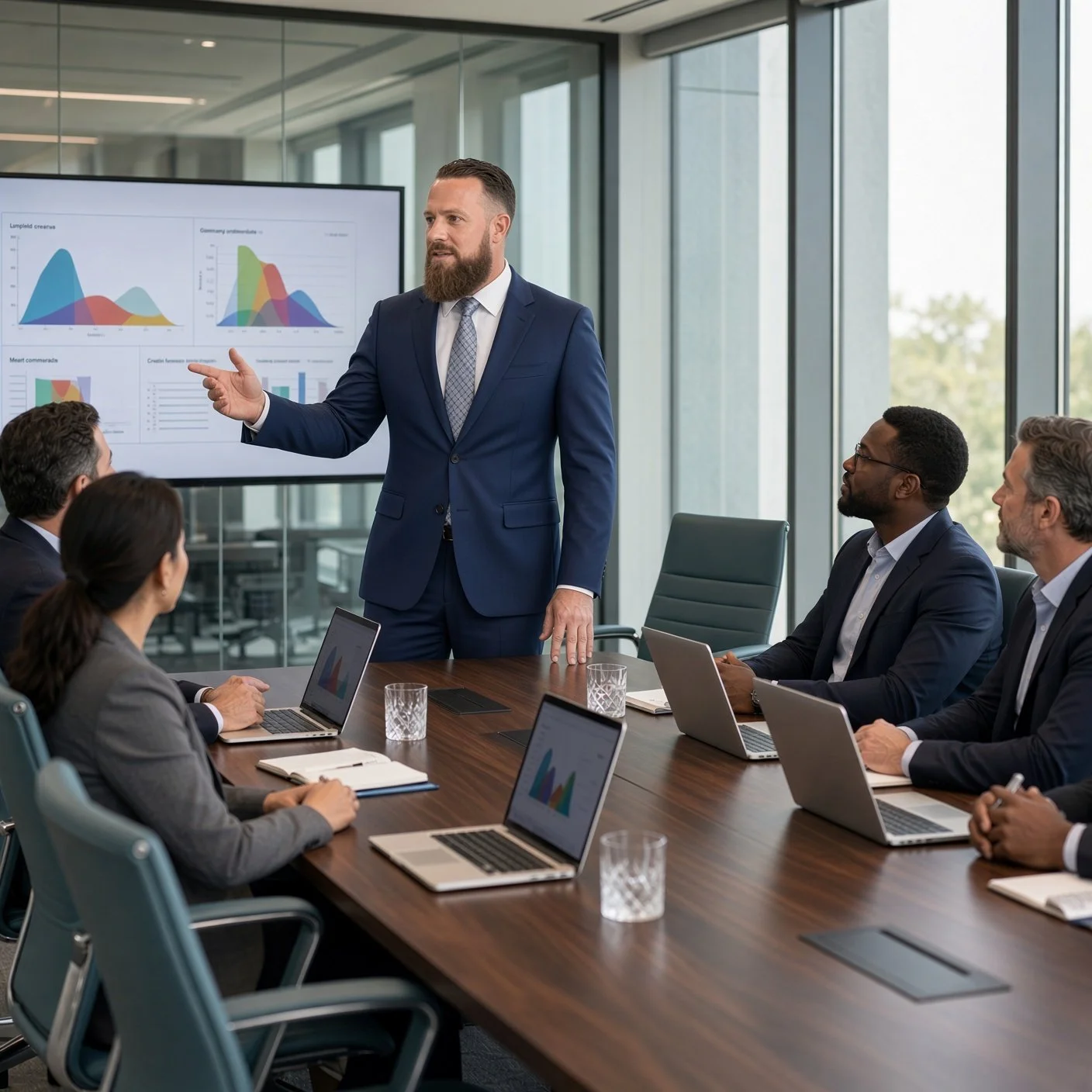 A man in a blue suit giving a presentation to a group in a modern conference room with large windows. The screen displays colorful charts and graphs. The audience consists of five people, all dressed in business attire, sitting with laptops and notebooks, listening attentively.
