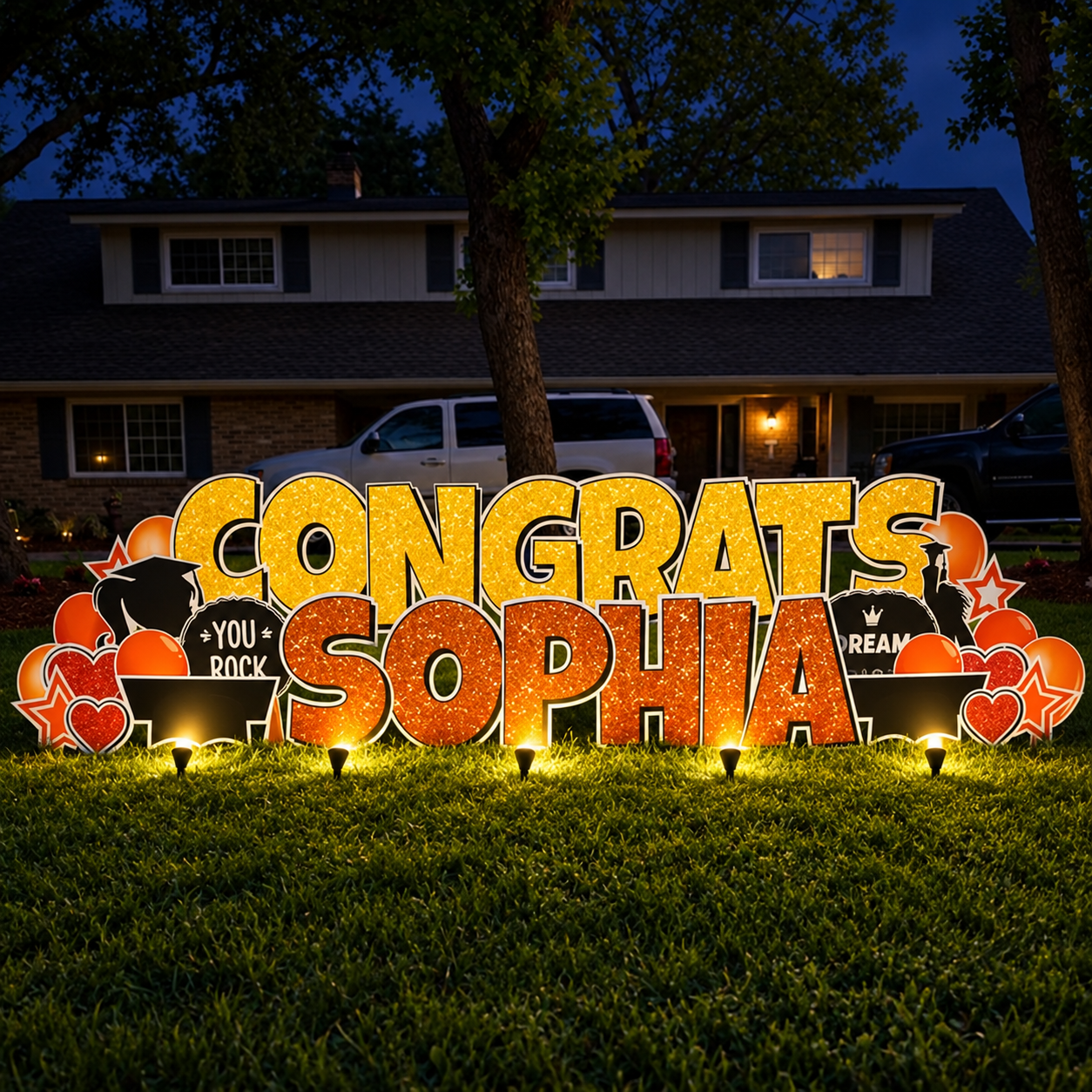 Nighttime outdoor photo of a brightly lit graduation-themed yard sign with the message "Congrats Sophia" in front of a house with cars parked in the driveway. The sign features graduation caps, stars, hearts, and motivational words like "You Rock" and "Dream".