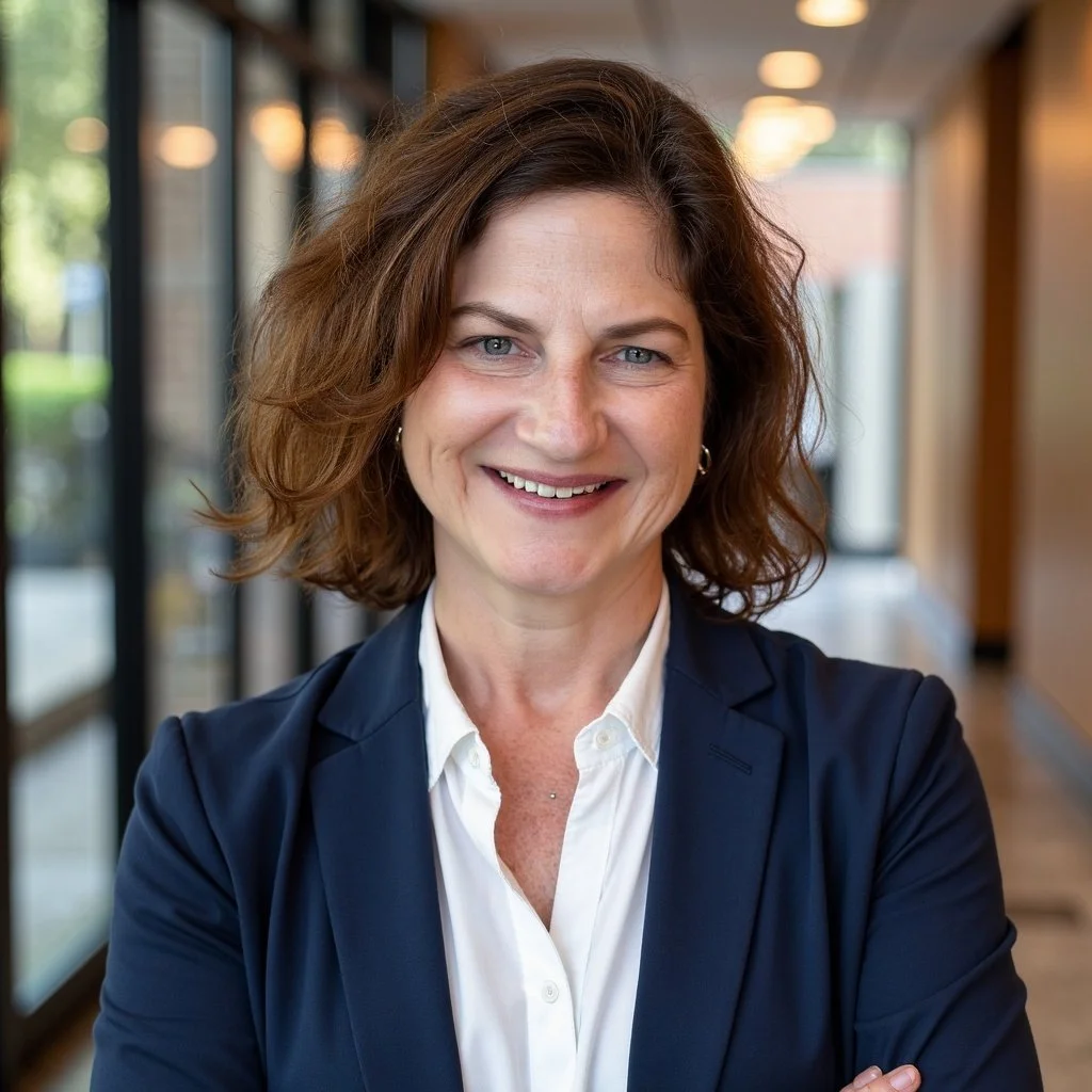 A smiling woman with shoulder-length brown hair in a navy blazer and white shirt standing in a modern office hallway.