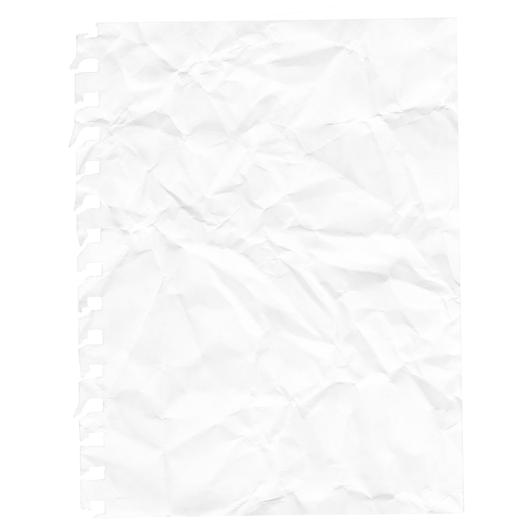 A sheet of crumpled white paper with holes along the left edge, resembling a torn notebook page.