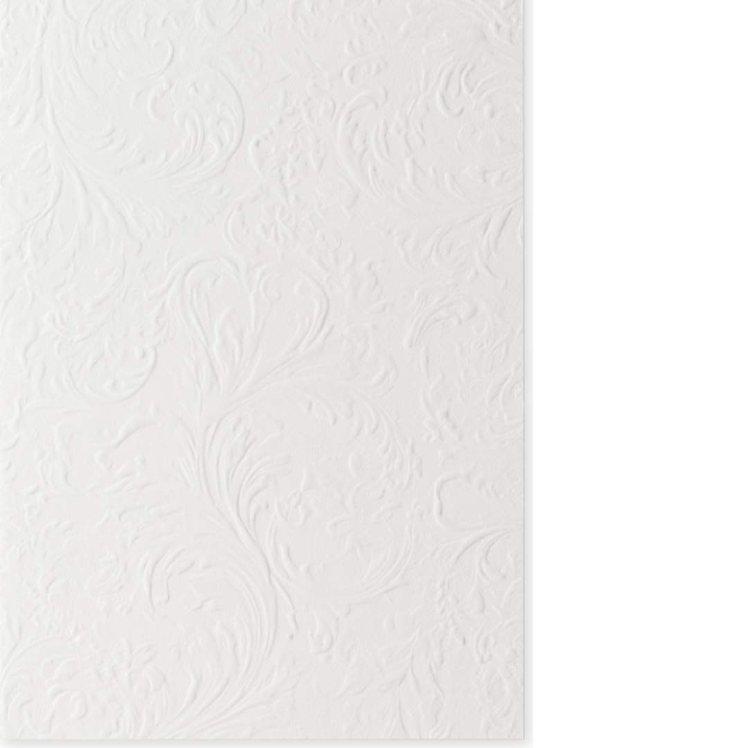 White textured wallpaper with elegant swirling floral patterns.
