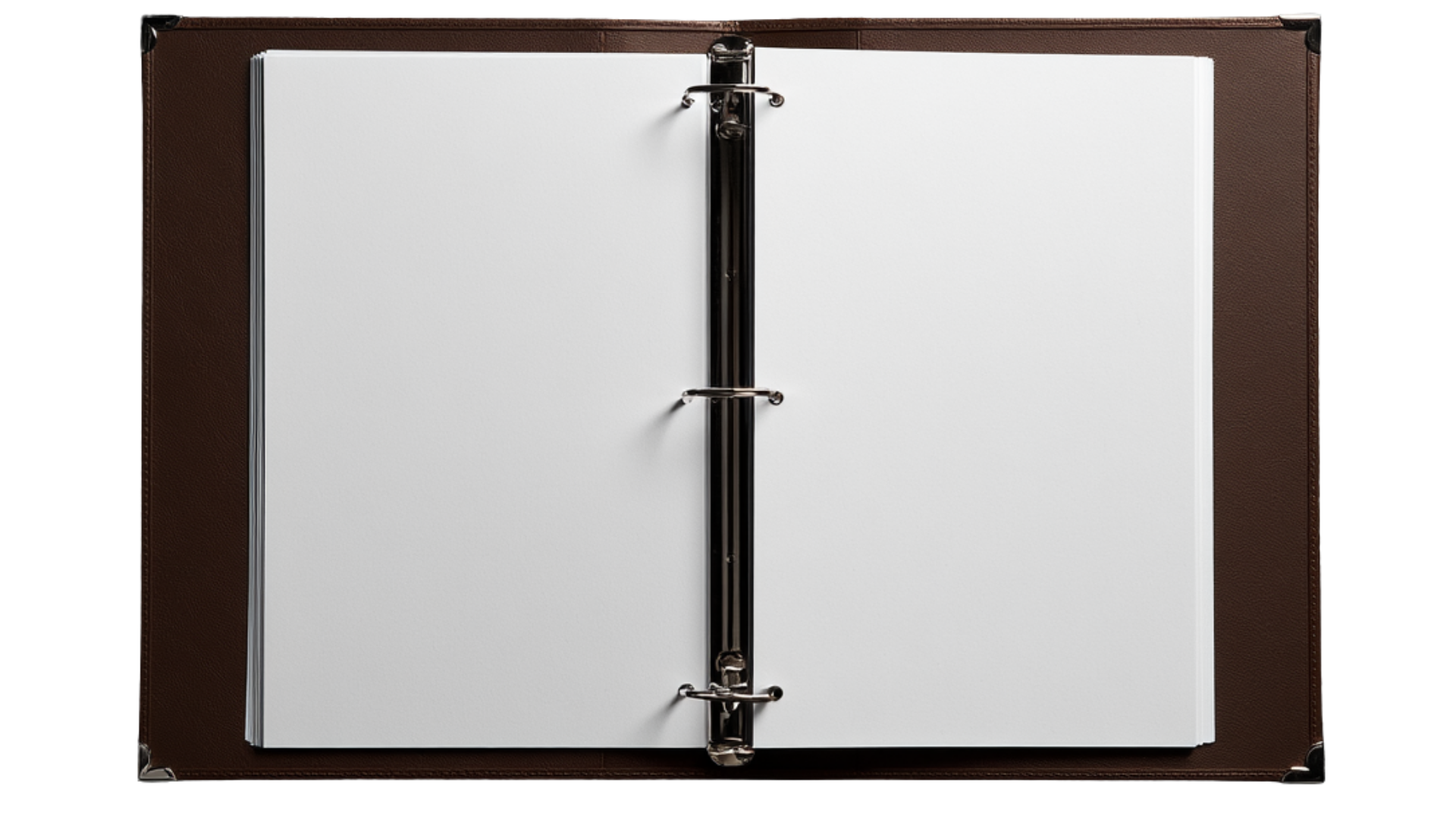 Open binder with white pages on a leather surface with metal clips holding the pages.