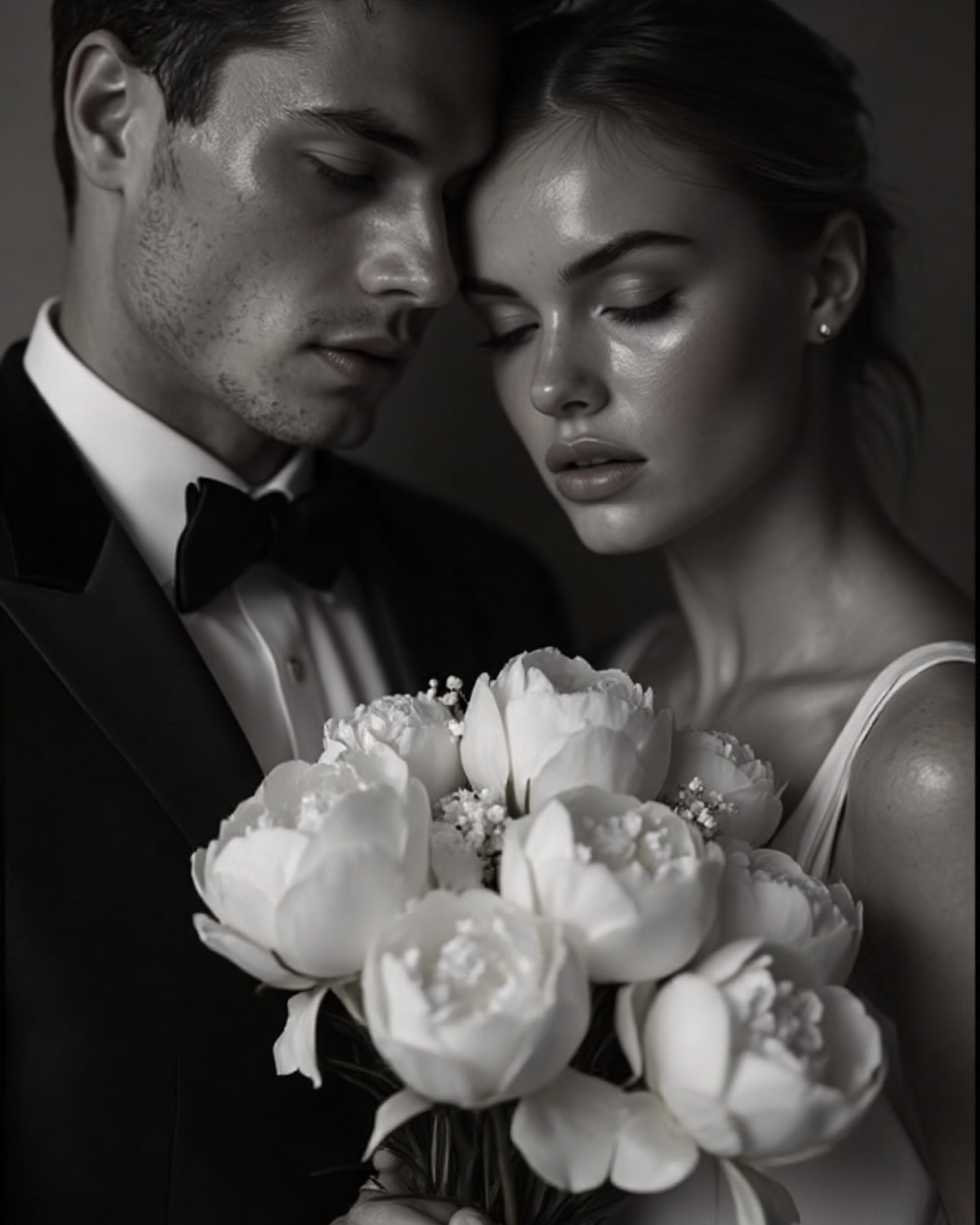 Black and white photo of a man and woman with foreheads touching, eyes closed, holding a bouquet of flowers, dressed formally for a wedding.