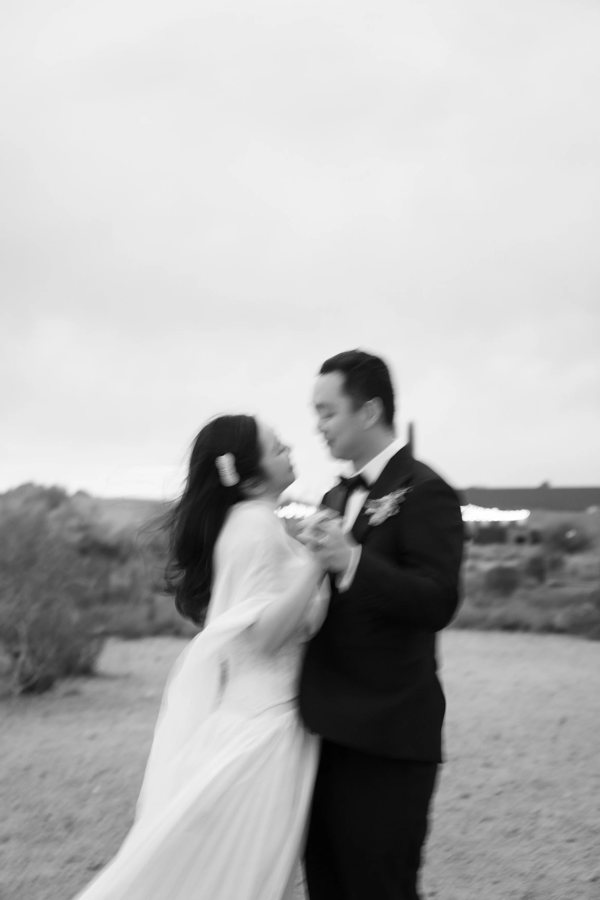 A black and white photo of a couple dressed in wedding attire, standing outdoors and looking at each other, with the groom wearing a tuxedo and the bride wearing a wedding dress and veil.