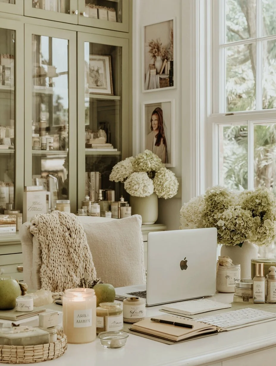 Cozy home office with a laptop, notebook, and fresh flowers