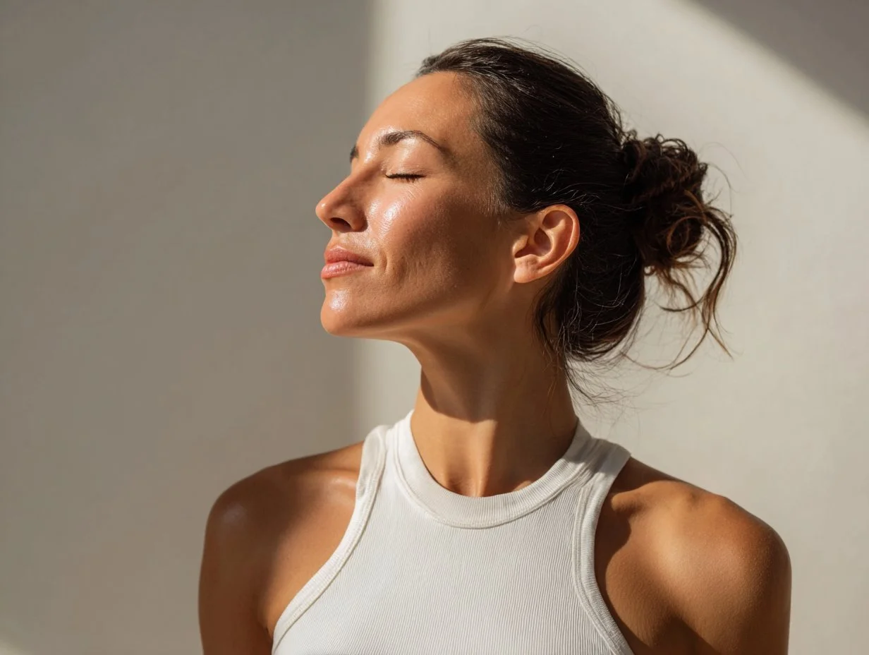 Woman with her eyes closed in warm sunlight, feeling like herself again