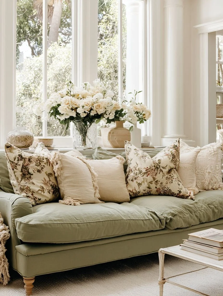 Sunlit living room with a sage green sofa and fresh white flowers