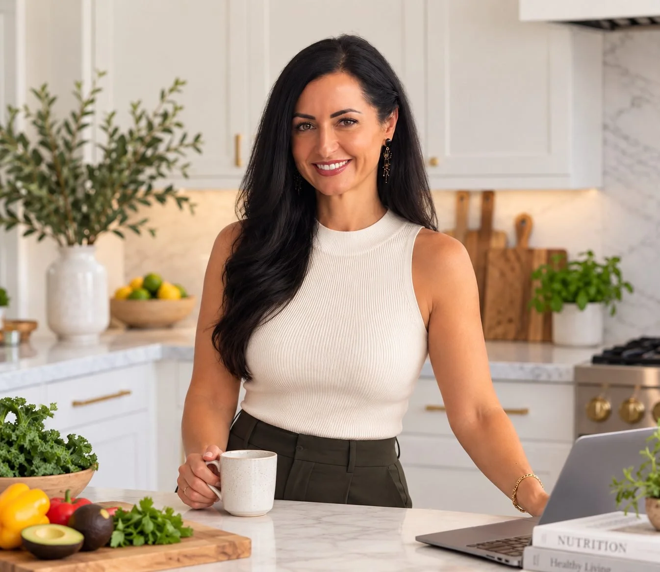 Ashley Lambert, RDN, registered dietitian, smiling in her kitchen with fresh produce