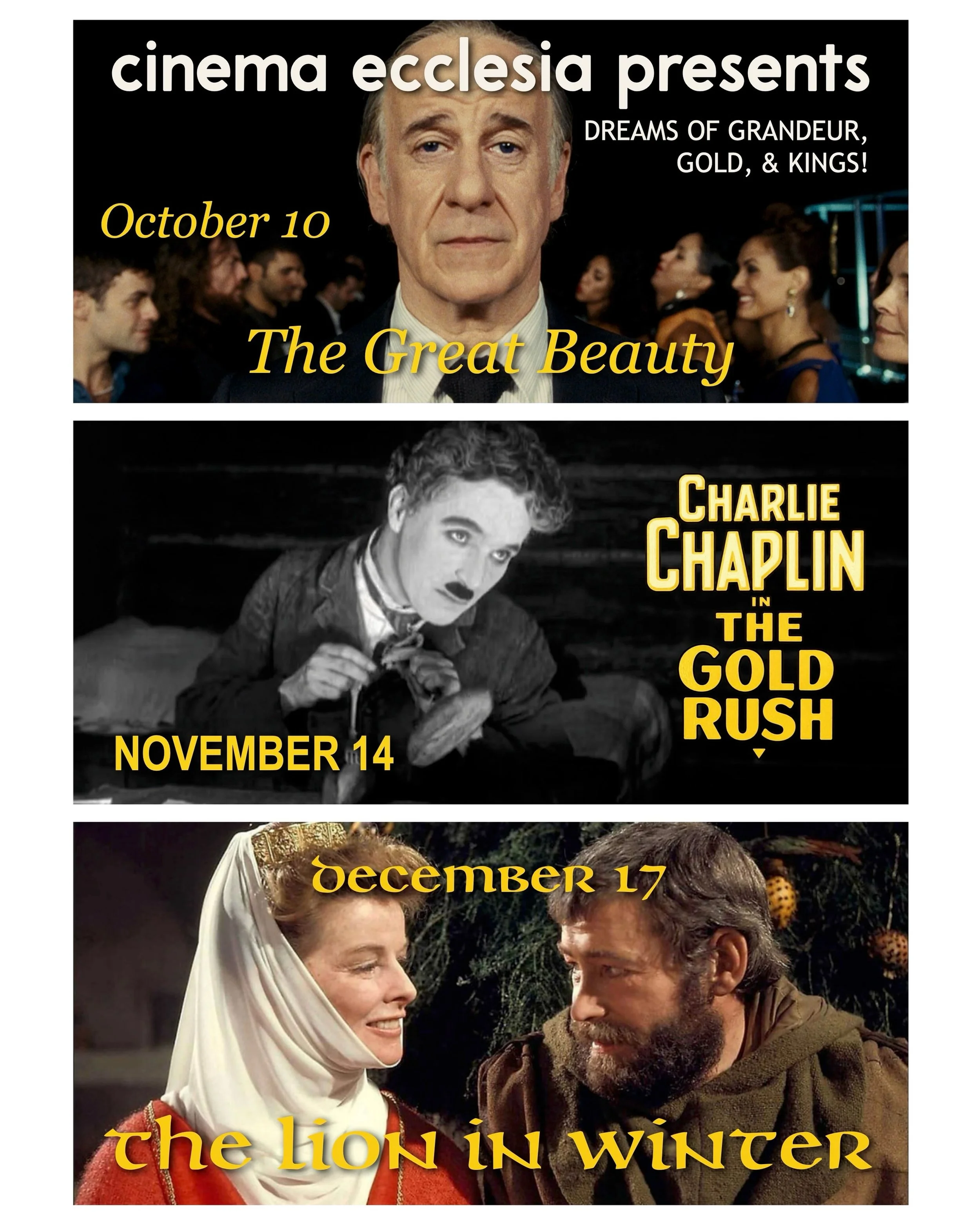Dreams of Grandeur, Gold, and Kings&mdash;experience them all this fall with @cinema.ecclesia

Tickets available in bio. 

#minneapolis #filmscreening #thegreatbeauty #charliechaplin #katherinehepburn
