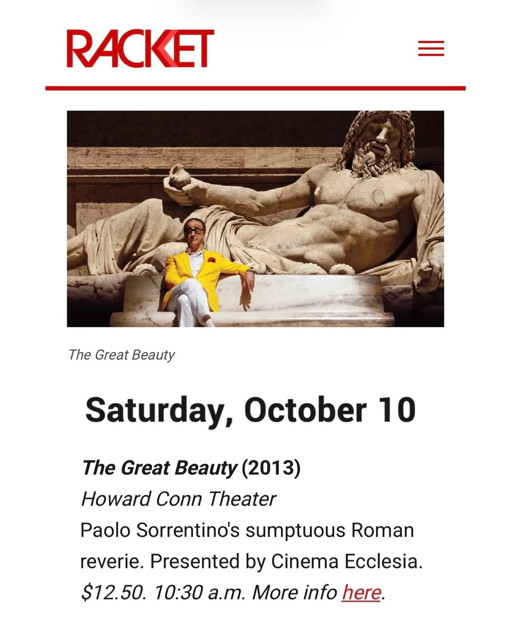 Trust @racket_mn &mdash; you won&rsquo;t be disappointed. 

This Saturday morning at 10:30am. 

Classic film. Coffee. Community. Tickets in bio. 

#thegreatbeauty #minneapolis #twincities #classicfilm #filmscreening