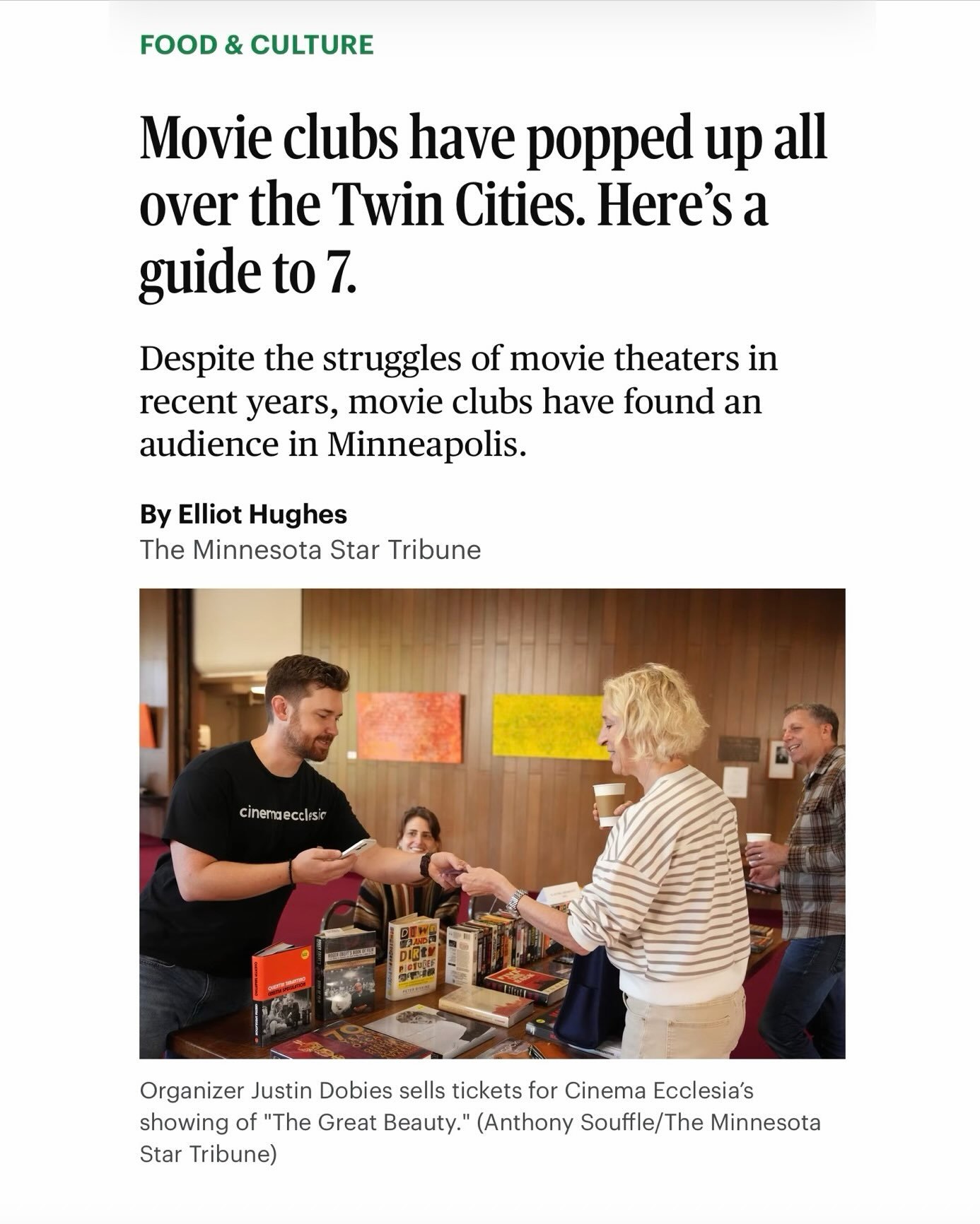 We&rsquo;re in the Star Tribune!

And in great company. @cinema.ecclesia is featured in a guide to seven incredible Twin Cities movie clubs. Thank you to everyone who&rsquo;s come out to watch, think, talk, and share a Saturday morning with us.

Clas