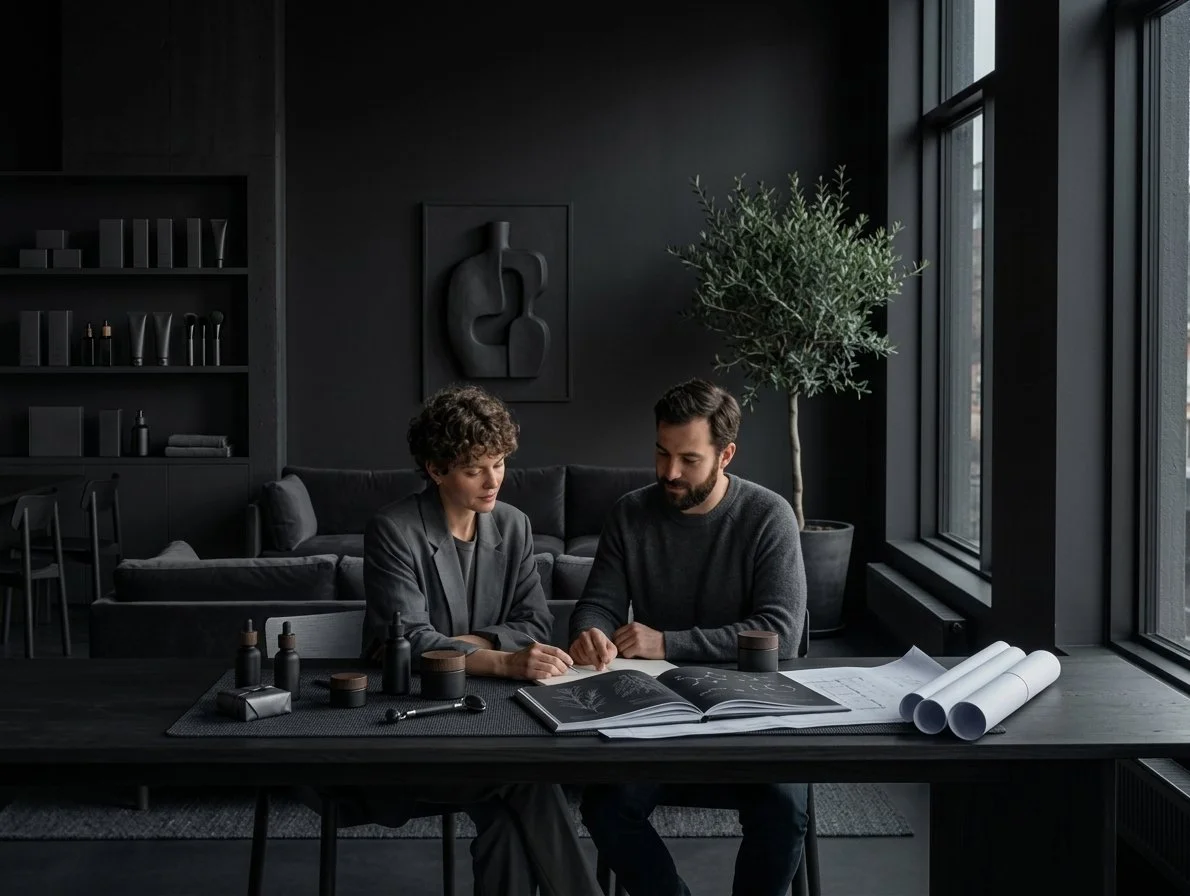 Two people sitting at a wooden table with blueprints and glasses of coffee, engaged in discussion in a modern, well-lit room with large windows and a sofa in the background.