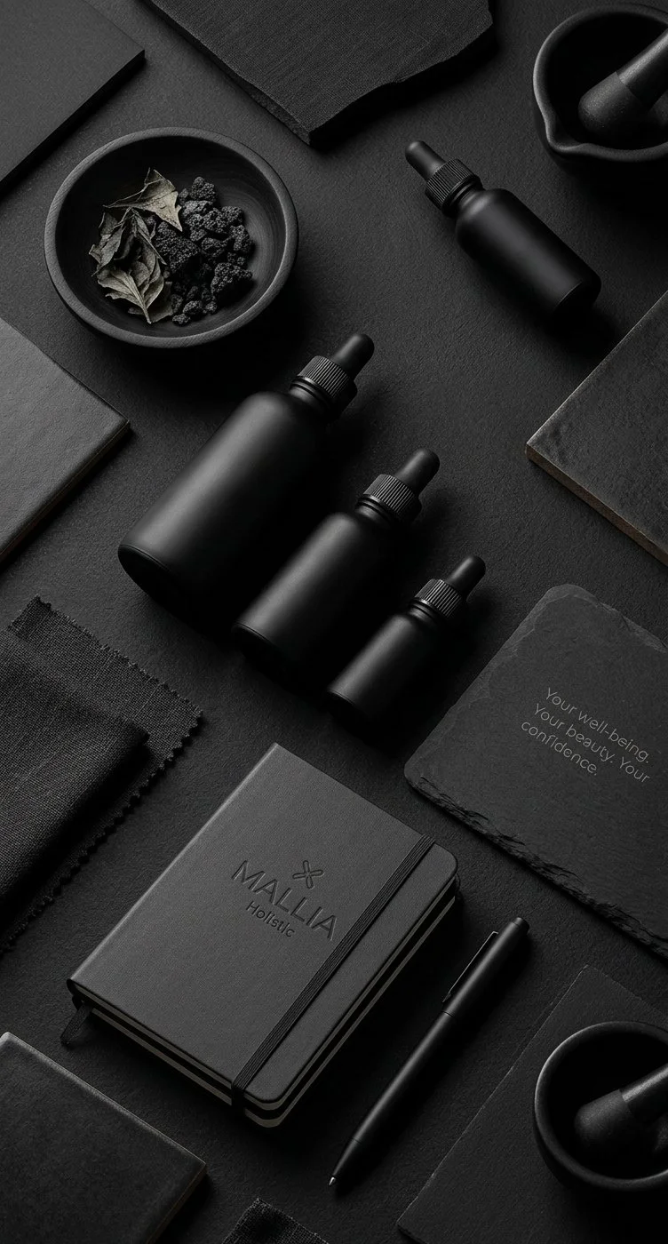 A flat lay of black wellness and office accessories, including bottles, notebooks, a pen, dried plants, and a mortar and pestle set, on a dark surface with a matte finish.