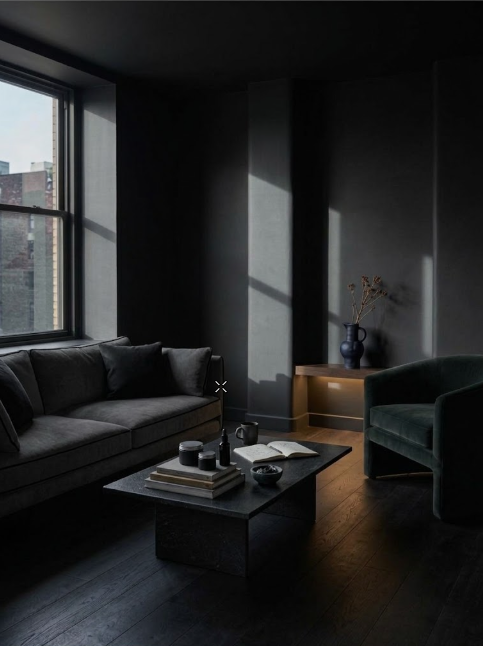 A dark, modern living room with a large window allowing natural light, a gray sofa with cushions, a black coffee table with books, a green armchair, a wooden side table with a vase and dried flowers, and hardwood floors.