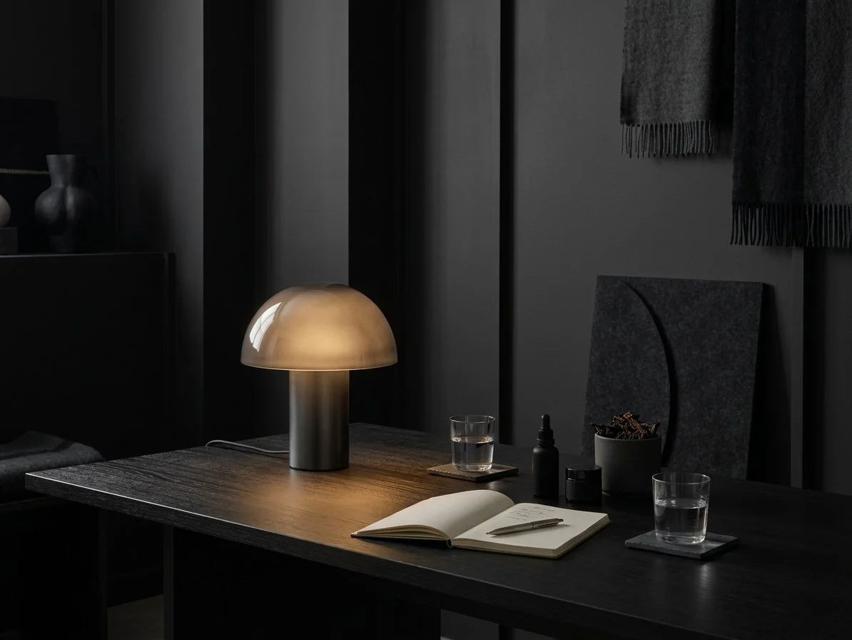 A wooden table with a modern mushroom-shaped lamp, an open notebook with a pen, and two glasses of water in a room with beige walls and hanging woven textiles.