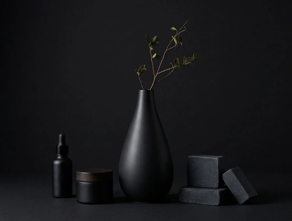 A white ceramic vase with a narrow top, holding a single thin branch with green leaves, placed on a neutral-colored surface against a plain background.