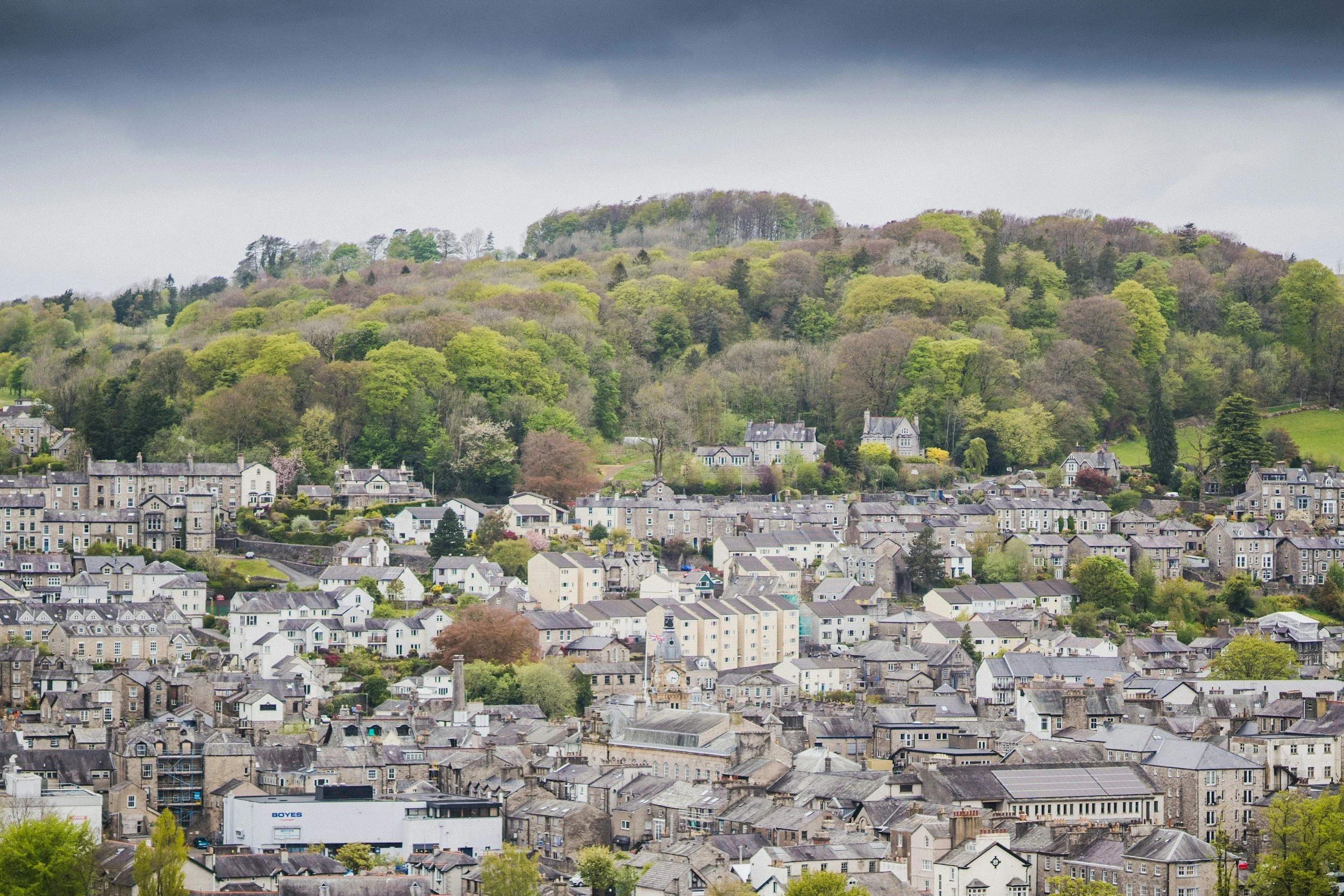 A scenic view of a town with numerous houses and buildings, backed by a forested hill with various trees and greenery under a cloudy sky.