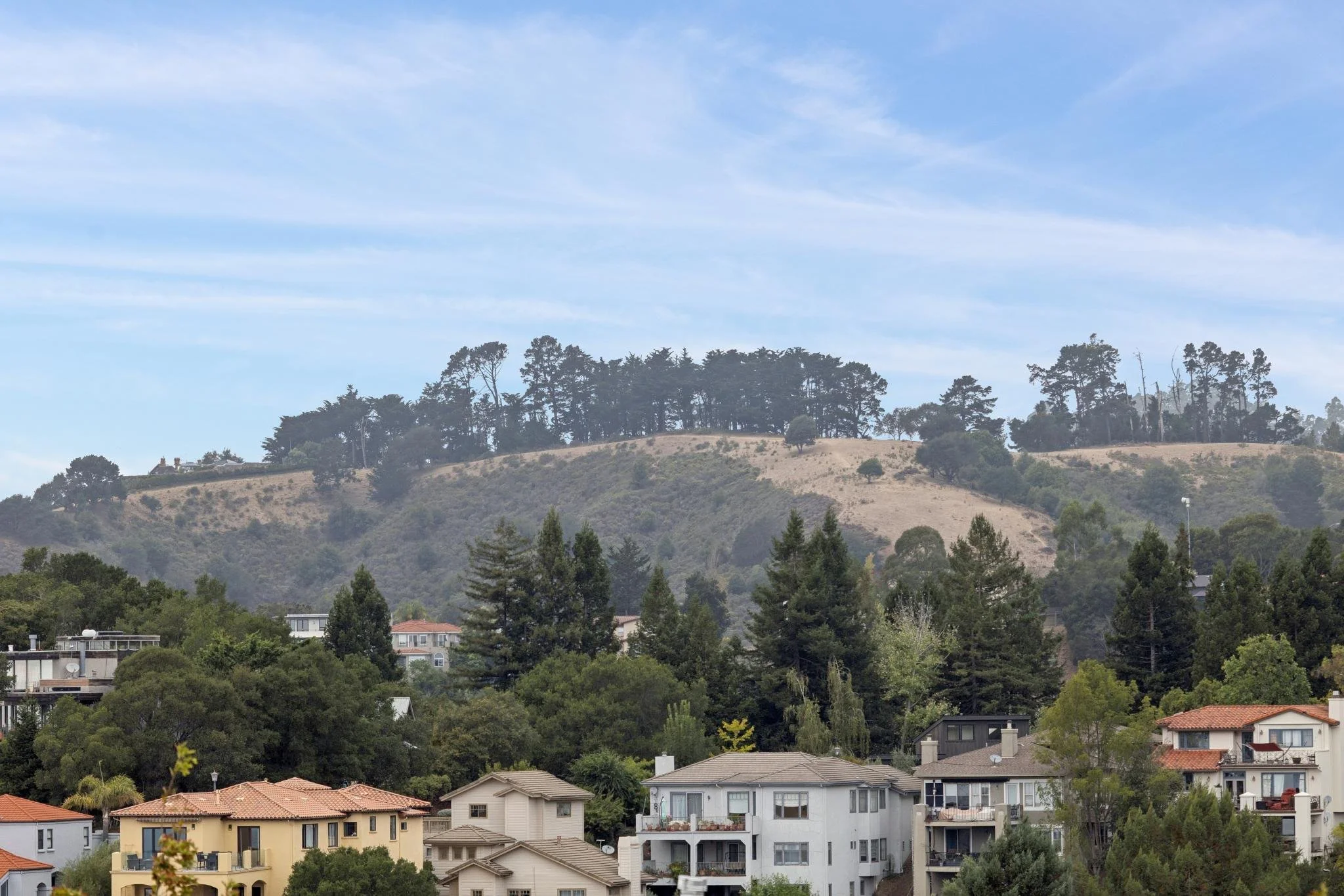 Residential houses in the foreground with a wooded hillside and a blue sky with wispy clouds in the background.