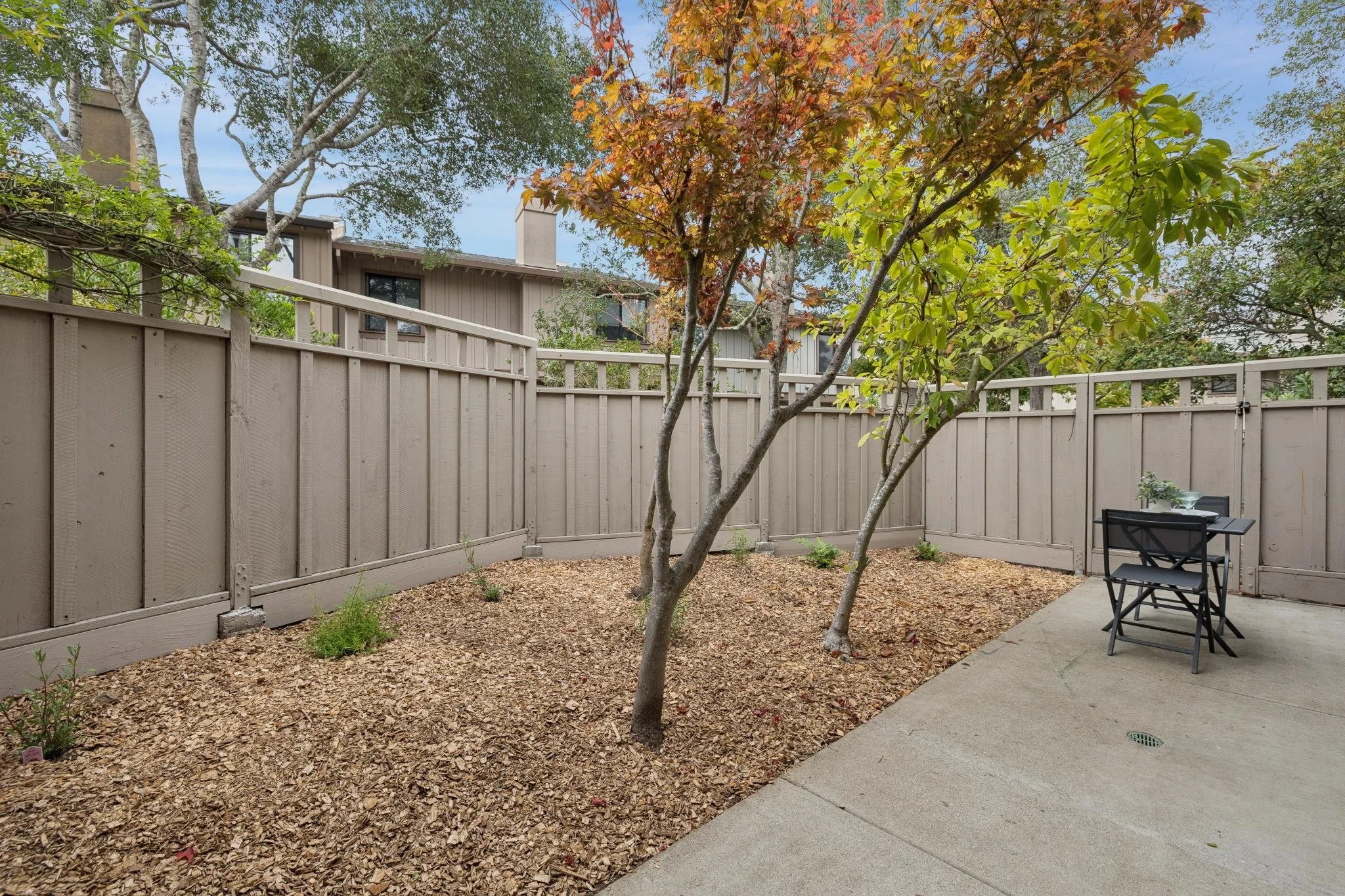 Backyard scene with trees, a beige wooden fence, a concrete patio, and outdoor chairs. The trees have green and orange leaves, indicating autumn. The sky is partly cloudy.