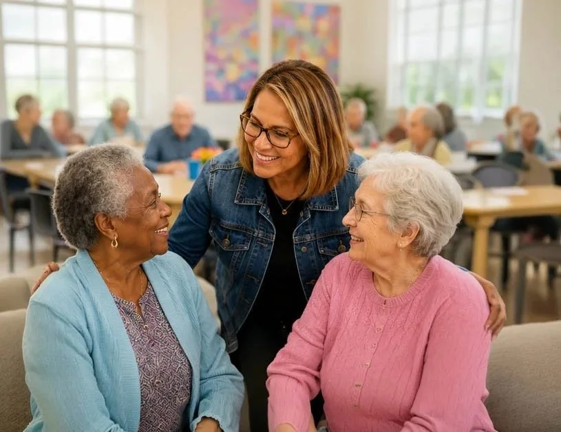 A healthcare worker or caregiver talking and smiling with two elderly women in a community or senior center, with other seniors in the background.