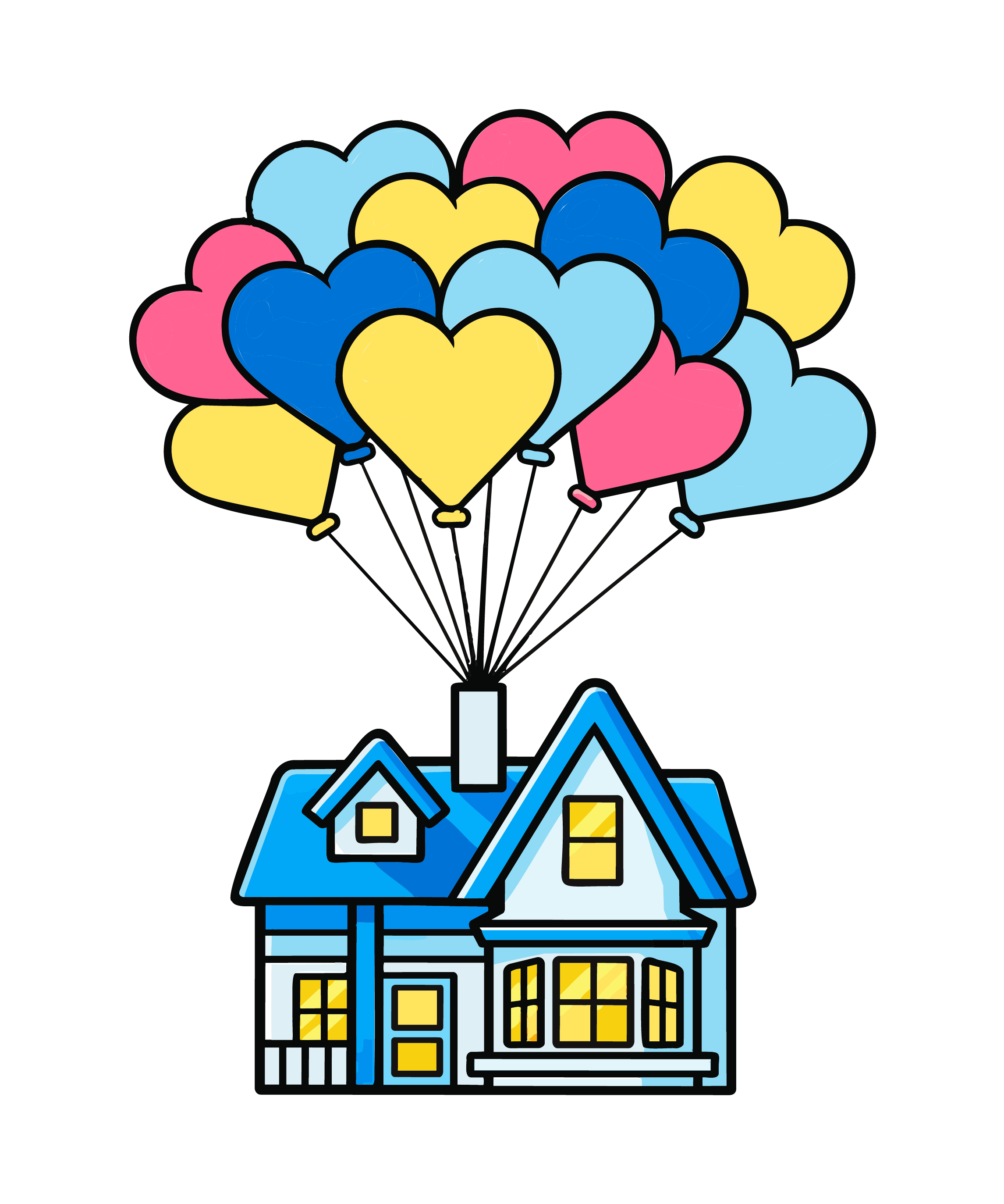 Colorful illustration of multiple heart-shaped balloons floating above a house at night with lit windows and snow-covered roof.