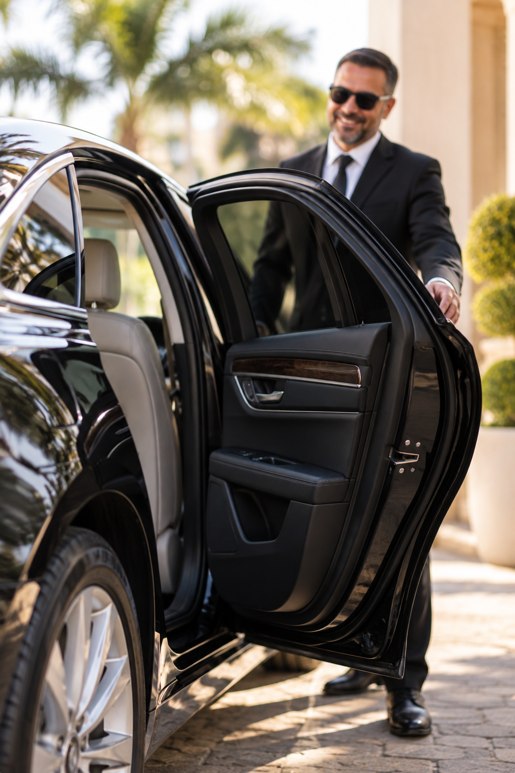 Smiling man in a black suit and sunglasses opening the rear door of a black luxury car in a sunny outdoor setting with trees in the background.